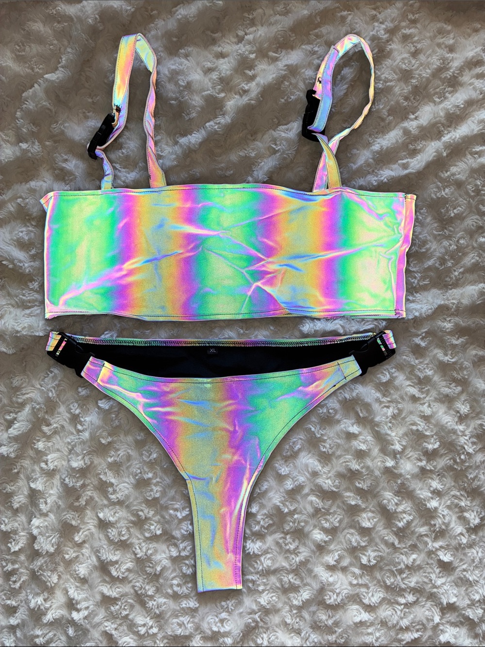 Holographic Rainbow Bandeau Bikini Set - Iridescent Green